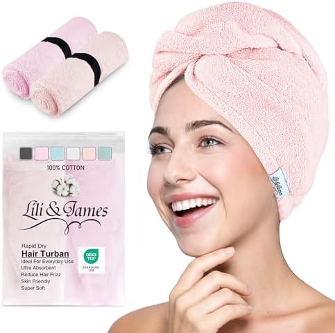 Lili&James 100% Cotton Hair Towel Wrap for Women & Kids – 420 GSM Quick Dry Hair Turban with Double Button Loop, Anti Frizz Non Microfiber Hair Drying Towel for Curly, Long & Thick Hair (Lilac+Pink) by LiliJames