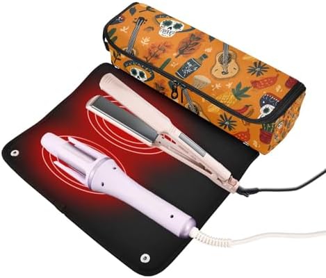 Hair Tools Travel Bag with Heat Resistant Mat Detachable 2-in-1 Curling Iron Travel Case Hot Tools Organizer for Straightener Flat Iron Day Of The Dead Orange Skull Cacti Guitar - Image 2
