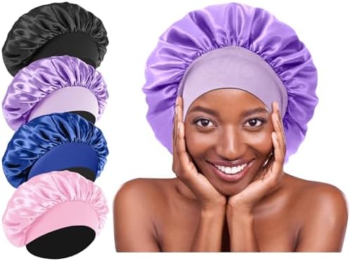 4Pcs Silk Hair Bonnets for Sleeping - Elastic Wide Band Satin Hair Wrap for Sleeping Black Women Men,Silk Bonnets for Curly Hair,Sleep Cap (Purple & Pink & Sapphire Blue & Black) by Unknown