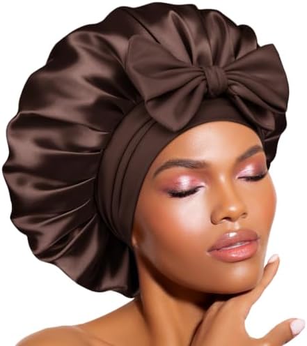 BONNET QUEEN Silk Bonnet for Sleeping Women Satin Bonnet Night Sleep Cap Wrap for Curly Hair with Adjustable Tie Band, Single Layer, Chocolate by BonnetQueen