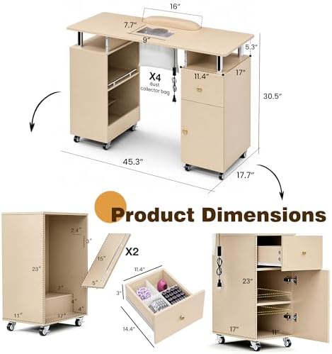 Manicure Table Nail Desk with Dust Collector & Wheels (Champagne) - Image 2