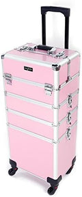 mefeir 4 in 1 Rolling Makeup Train Case, Aluminum Makeup Travel Organizer Cosmetic Case, Cosmetology Display Suitcase on Wheels, Beauty Storage Luggage Lockable w/4 Removable Wheels (Pink) by OmySalon
