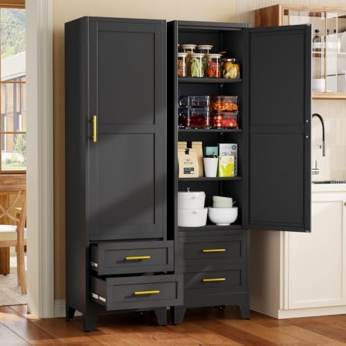 Tall Metal Narrow Storage Cabinet 67" H with 2 Drawer, Black Pantry Cabinets with 3 Adjustable Shelves and Door,Tall Bathroom Cabinet for Kitchen, Home Office, Living Room, Dining Room by BAOLIWO