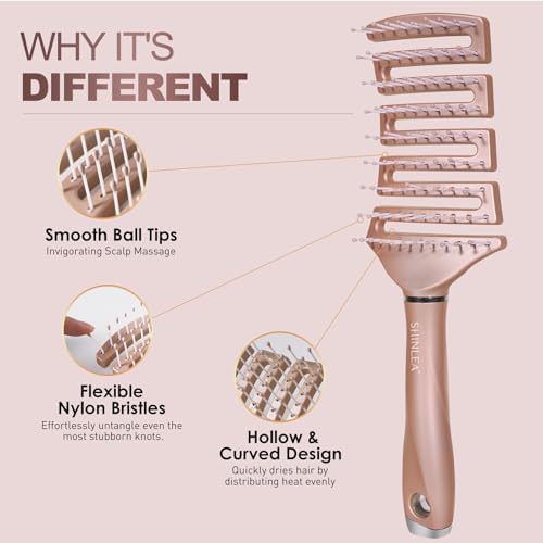 SHINLEA Detangling Brush for Curly Hair, Vented Curved Detangler Brush Faster Blow Drying, Wet Dry Hair Brush for Thick Wavy Fine Hair, Hairbrush for Women Men Kids - Image 2