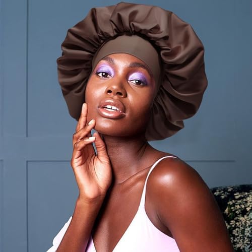 AWAYTR Satin Bonnet for Women, 2-Layer Large Sleep Cap with Adjustable Drawstring, Brown Includes 3 Hair Scrunchies - Image 5