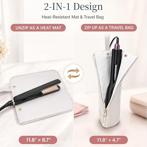 Hot Tools Travel Bag with Heat Resistant Mat, 2-in-1 Hair Tools Organizer Bag for Curling Iron, Flat Iron, Portable Holder & Mat with Cord Pocket for Home Travel(White) - Image 2
