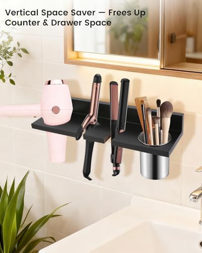 Hair Tool Organizer for Bathroom – Wall Mounted Hair Dryer Holder with Heat-Resistant Cups, Curling Iron & Straightener Rack, Blow Dryer Organizer for Vanity or Wall (Black) - Image 2