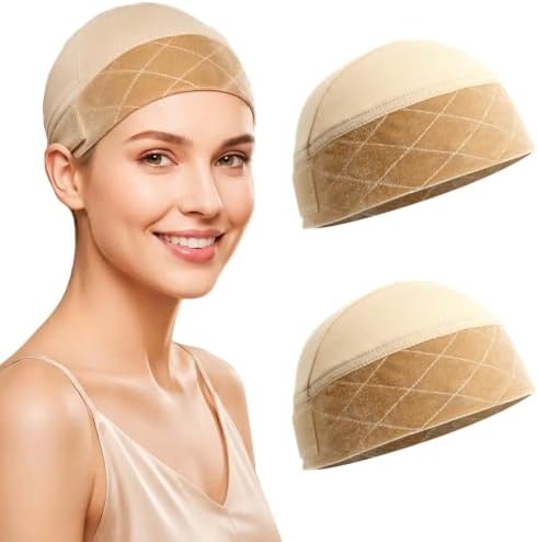 Wig Cap for Women Non Slip 2-in-1 Wig Grip Cap with Band Beige, 2 Packs by WUDASHAIR