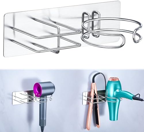 Hair Dryer and Straightener Holder Wall Mounted, Self Adhesive Blow Dryer and Flat Iron Storage Hair Tool Organizer for Bathroom Vanity (Silver) by WelcometotheXILIMEN