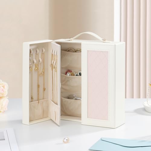 DesignSter Jewelry Box for Women, Jewelry Storage with Mirror, Travel Jewelry Organizer with Handle for Stud Earrings, Rings, Necklaces, Bracelets(Beige & Pink) - Image 6