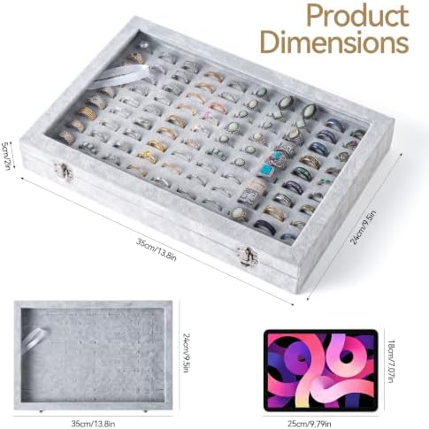 Frebeauty 100 Slots Ring Organizer Tray,Velvet Ring Box with Clear Lid - Image 2