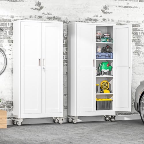 71" Metal Garage Storage Cabinet with Wheels and Locking Doors and Tall Rolling Steel Tool Cabinet with 4 Adjustable Shelves for Garage,Home,Office,Shop (White, 71''H x 30''W x15''D) - Image 2