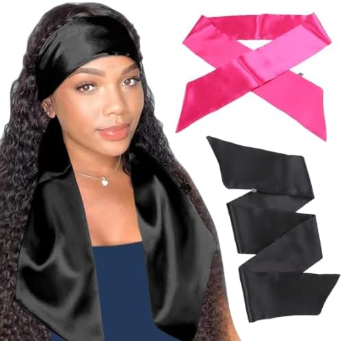 XTREND 2Pcs Satin Edge Scarves for Wig 56 Inch Women's Laying Scarf for Lace Wig Non Slip Hair Wrap Wigs Grip Band for Yoga, Makeup, Facial, Sport (1pc Pink#+1pc Black#) by XTREND