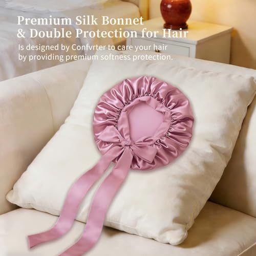 Silk Bonnet for Women, Satin Bonnet for Sleeping, Large Sleep Cap with Elastic Tie Band for Curly Hair, Pink - Image 2