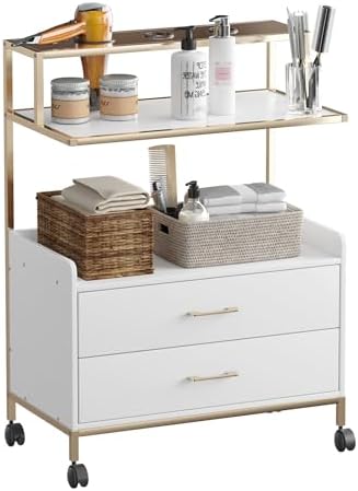 Salon Rolling Trolley with Lockable Wheels Barber Cart with Storage Drawer Mobile Hair Station Cabinet for Beauty Makeup Esthetician Spa Massage (White+one Shelf+Two Drawers) by NacheskidsFurniture