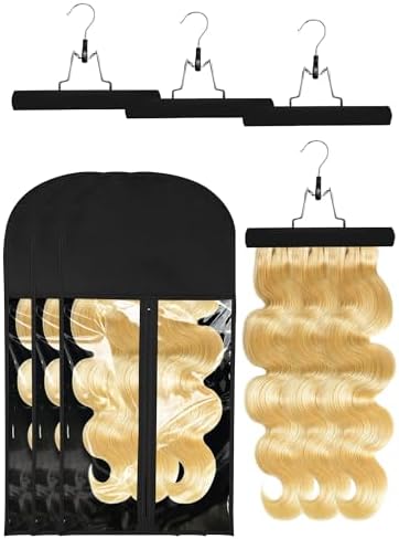 3 Pcs Hair Extension Storage Bag, Hair Extensions Holder with Hanger, 11.4 * 23.6 inches, Portable Wig Bags Storage with Transparent Zipper Closure (Black) by Whtawtaw