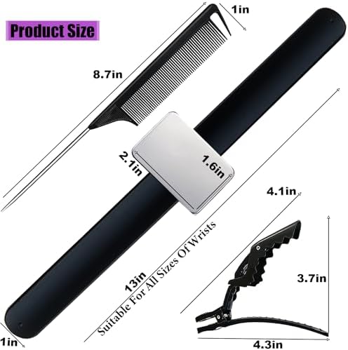 Magnetic Wristband for Hair Stylist Pin Wristband Wrist Pin Holder Braiders Wristband with 4 Pieces Hair Rat Tail Combs 6 Pieces Plastic Clip (Black) - Image 2