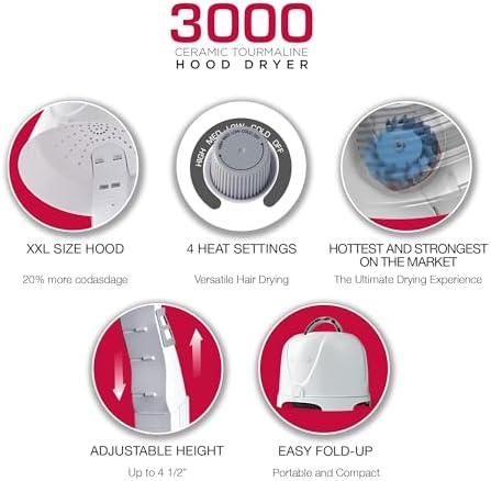 Red by Kiss 3000 Ceramic Tourmaline Professional Hood Dryer, 4 Heat Settings Blow Dryer for Home & Salon, Height Adjustable Convenient Big Hood Size Extra Coverage (1875 Wattage) - Image 3