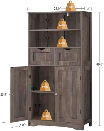 Iwell Tall Storage Cabinet with 2 Drawers & Adjustable Shelf, Bathroom Cabinet with Doors, Kitchen Pantry Storage Cabinets, Cupboard for Living Room, Dining Room, Entryway, Rustic Gray - Image 3