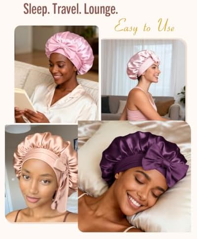 BONNET QUEEN Silk Bonnet for Sleeping Women Satin Bonnet Night Sleep Cap Wrap for Curly Hair with Adjustable Tie Band, Single Layer, Prune - Image 5