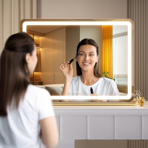 Hasipu Vanity Mirror with Lights, 39.4" x 30" LED Makeup Mirror, Lighted Makeup Mirror with Dimmable 3 Modes, Touch Screen Control Vanity Mirror Round Gold - Image 5