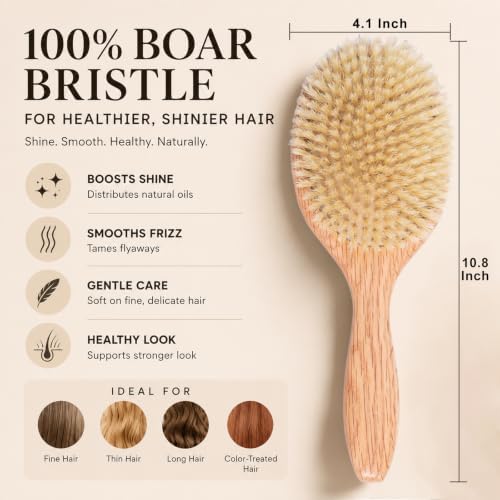 100% Boar Bristle Hair Brush for Fine Thin Hair, Natural Soft Boar Bristle Oval Cushion Brush with North American Oak Wood Handle for Women, Smooth Frizz & Enhance Shine, Wide Tooth Comb & Cleaner - Image 2