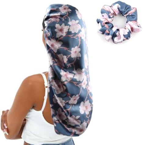 Extra Large Satin Bonnet for Women Sleeping, Silky Elastic Sleep Cap with Tie Band, Double-Layer Long Hair Bonnet for Braids/Curly/Long Hair (Blue Floral) by senthair