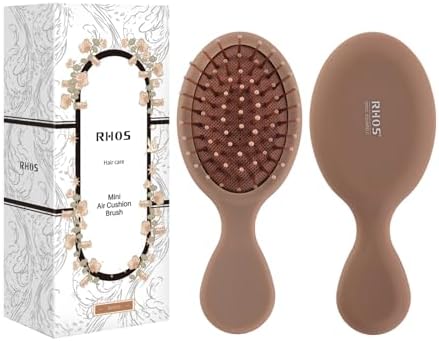 RHOS Mini Hair Brush for Women,Men and Kids-Travel Size Hair Brush for Purse,Pocket,backpack-Small Cushion Paddle Brush with Soft Bristles-Mini Detangler Brush for All Hair Types(1 Pack-Mocha) by RHOS