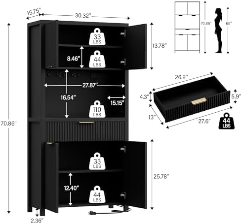 Lulive 71" Fluted Pantry Cabinet with Charging Station, Black - Image 2