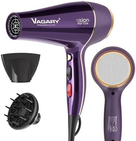 VAGARY Hair Dryer with Diffuser Concentrator, 2200W Professional Salon Ionic Blow Dryer for Frizz Free Smooth Hair, Featuring 2 Speeds and 2 Heat Settings, Cool Shot Button（Purple） by VAGARY