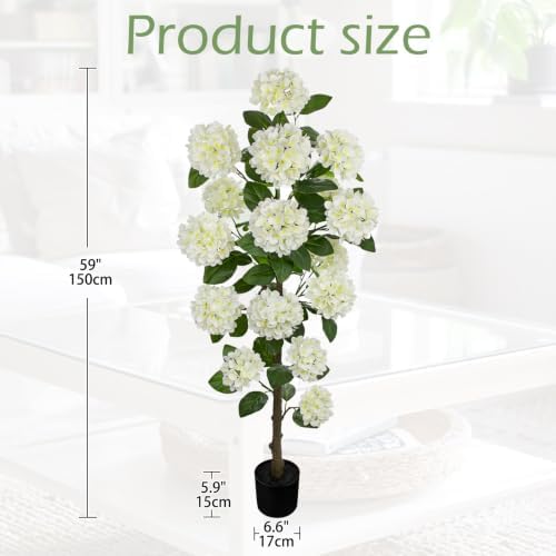5FT White Hydrangea Artificial Flowers Tree Faux Hydrangea Plant Potted - Image 2