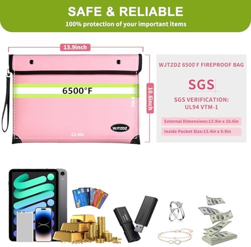 6500°F Fireproof Document Bag,Upgraded Fireproof/Waterproof Money Bag with Zipper/Reflective Strip,Storage Pouch for A4 Letter Size Document,Cash,Cell Phone,Passport - Image 4