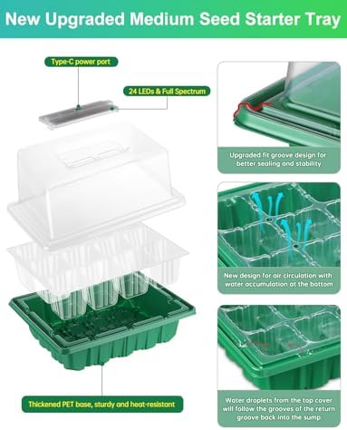 Seed Starter Tray Medium Size 4 Packs, Seed Starter Kit with Upgraded 24 Full Spectrum LEDs, Adjustable Brightness and Timer, with Drainage Holes, Tools and Labels for Indoor Plant Growing - Image 2