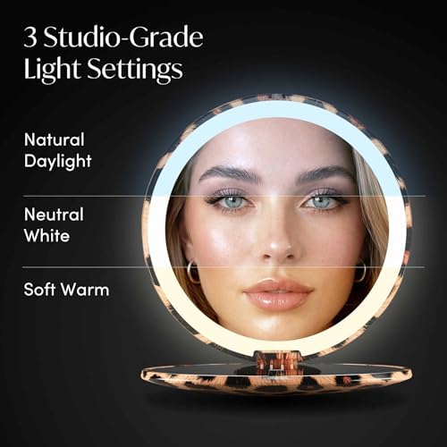 Fancii Taylor LED Lighted Travel Makeup Mirror, Rechargeable, 10x /1x Magnifying, Tru-Glow Lighting System, XL Large 5” Wide | Compact Mirror for Purses (Cheetah Chic) - Image 4