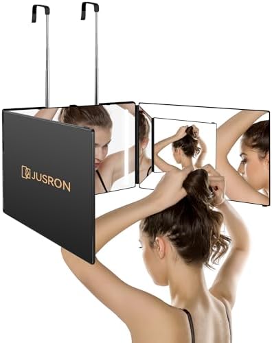 JUSRON 360 Viewing Angle Self Hair Cutting Mirror, Clear Anti-Fog HD Glass, USB Rechargeable, Easy to Use, Height Adjustable, Portable, Good Choice for Gifts by JUSRON