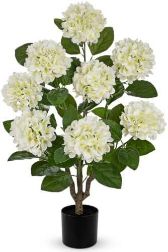 3FT White Hydrangea Artificial Flowers Tree Large Real Touch Faux Silk Hydrangea Plants Potted Fake Flower in Black Pot for Home Indoor Outdoor Front Porch Garden Entrance Living Room Decor by Hollyone