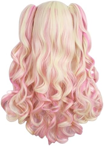 MapofBeauty Lolita Long Curly Clip on Ponytails Cosplay Wig, Blonde/Pink - Image 2