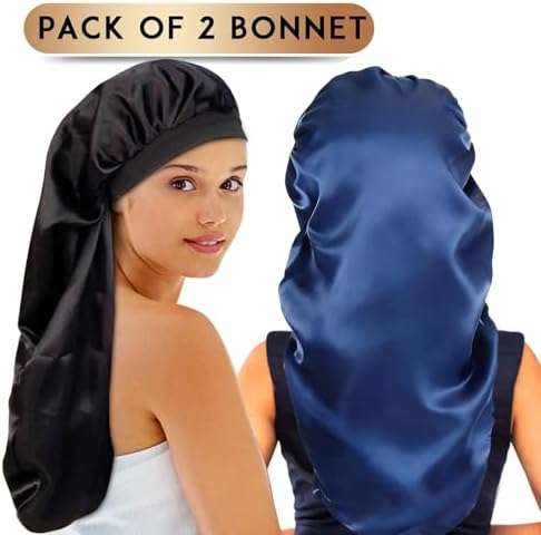 2Pcs Long Satin Bonnet Sleep Caps, Hair Bonnets,Black+Navy Blue - Image 6