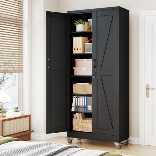 75" Metal Garage Storage Locker Cabinet with Wheels,Rolling Black Lockable Tool Cabinet with 2 Doors and 5 Adjustable Shelves, Steel Office File Cabinet for Home Office Warehouse Gym - Image 2