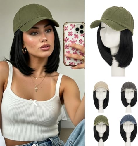 Rich Choices Hat Wigs for Women,Olive Green Baseball Cap with Hair Extensions for Women,Short Bob Hairstyle Caps with Straight Synthetic Hair Attached Adjustable Baseball Cap Wig 6 Inch Black Hair by RichChoices