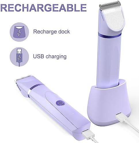 OLOV Electric Body Hair Trimmer - Groin Trimmer for Men - Bikini Trimmer Women - Wet/Dry Shaver Groomer, Replaceable Ceramic Blade Heads, USB Recharge Dock, Waterproof Hygiene Razor, Purple - Image 5