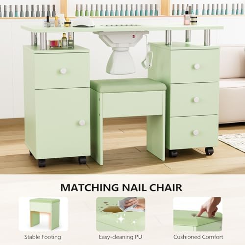 OmySalon Nail Desk and Chair Set, Manicure Table with Dust Collector, Arm Rest, 8 Wheels, Acetone Resistant Desktop, Drawers & Cabinet Storage for Makeup Beauty Salon (Mint Green) - Image 3