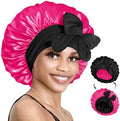 BONNET QUEEN Silk Bonnet for Sleeping Satin Bonnet with Tie Hair Wrap Double Layer Sleep Cap for Women Curly Hair, Black Hot Pink by BonnetQueen