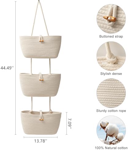 TeoKJ Over the Door Hanging Baskets with Button Strap, 3-Tier Woven Cotton Storage Organizer Bag, Wall-Mounted with Hook Decorative Hanging Kitchen Baskets - White - Image 2