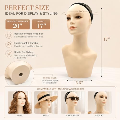 17-inch Female Mannequin Head Form with Eyelashes and Lips Display Stand for Wigs, Hats, Jewelry - Image 3
