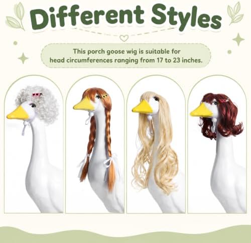 4Pcs Porch Goose Wigs Set Porch Goose Outfits Accessories for Outdoor Statue Accessories Garden Patio Yard Goosey Decoration (4PCS Wigs with False Lashes) - Image 5