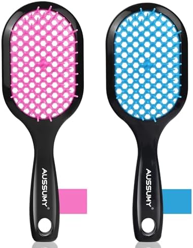 Vented Detangling Hair Brush - 2 Pack Detangler Hairbrush for Effortless Tangle Removal - Ultra-Soft Bristles -For Natural Curly Straight Wet Dry Damaged Hair for Women Men Kids - Blue & Pink by Aussumy