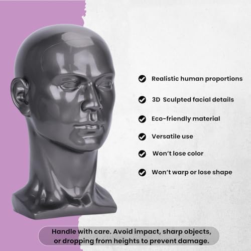 Male Mannequin Head – 13.7” Silver Gray PVC Wig Stand for Hats, Wigs, Glasses – Sturdy, Easy-to-Clean Display for Salon or Home Use - Image 3