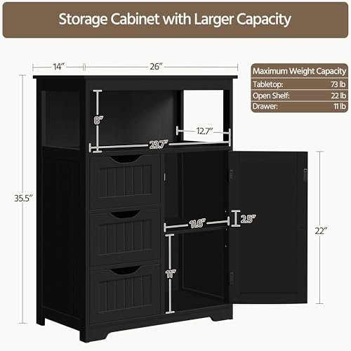 Yaheetech Large Freestanding Bathroom Storage Cabinet with 3 Drawers, Black - Image 3