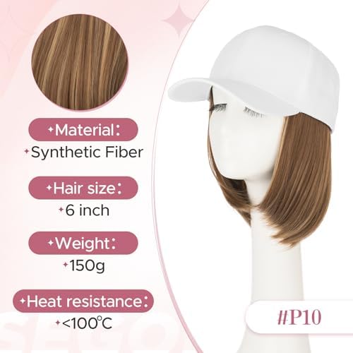 SEGO Baseball Cap with Hair Extensions for Women Synthetic Hair Attached Short Straight Hairpiece White Baseball Cap Wig Adjustable Hat Wigs for Women 6 Inch 10P22T Medium Brown Mix Dark Blonde - Image 5